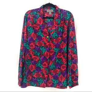 Liz Baker Floral Print Blouse Red Green Purple